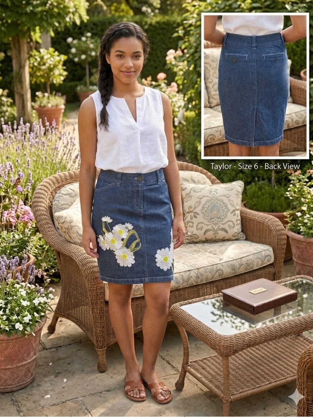 Ann Taylor EUC Blue Denim floral
appliqué classic 5 pocket, slight
stretch sz 6